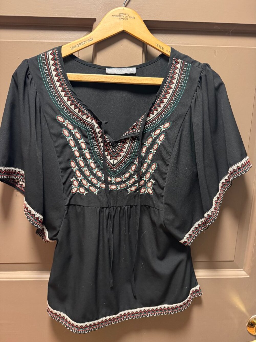 Octavia Dark Embroidered V Neck Flutter Sleeve Blouse XS